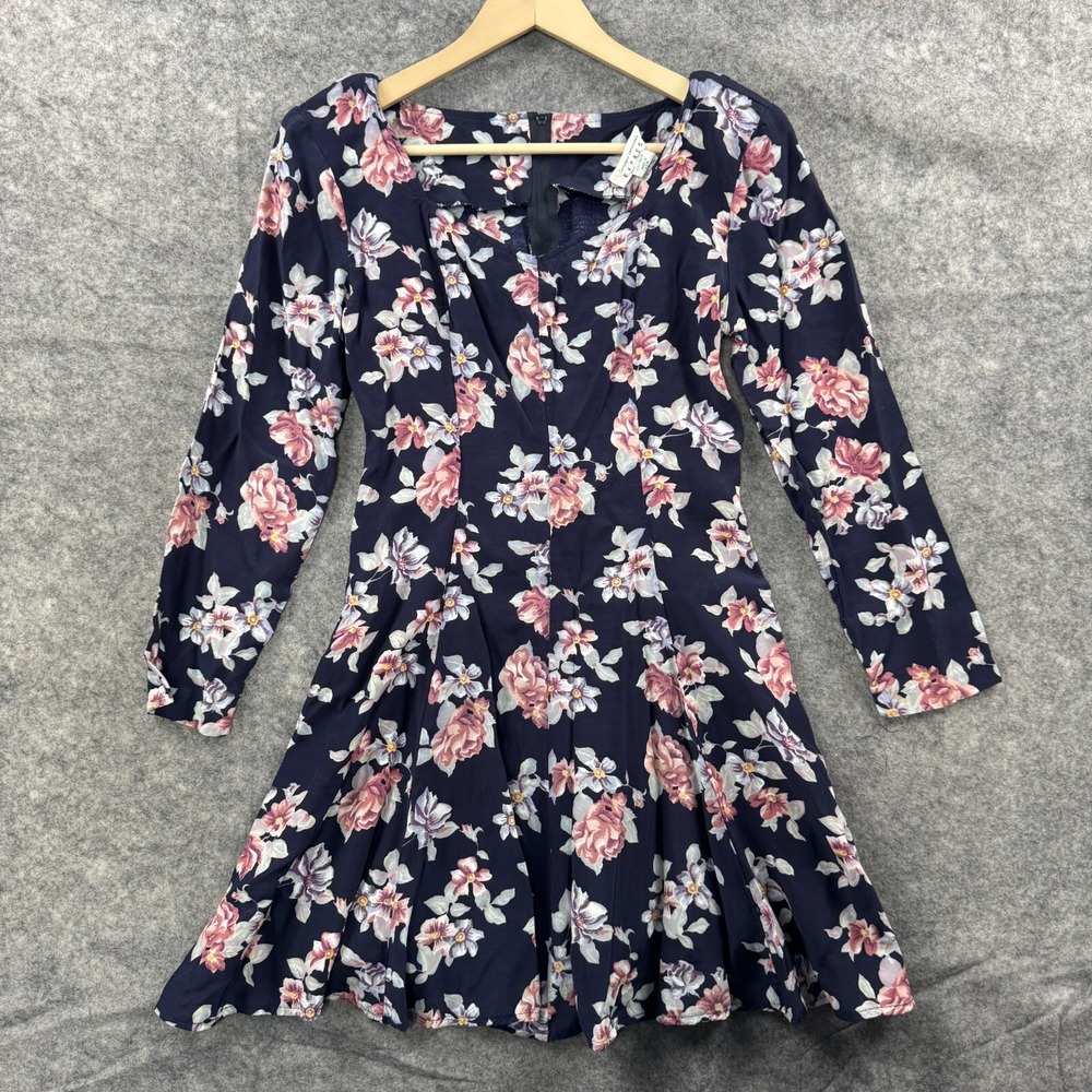 Vintage‎ Express Dress Womens Size 9 Navy Blue Floral Long Sleeve Sweetheart 90s
